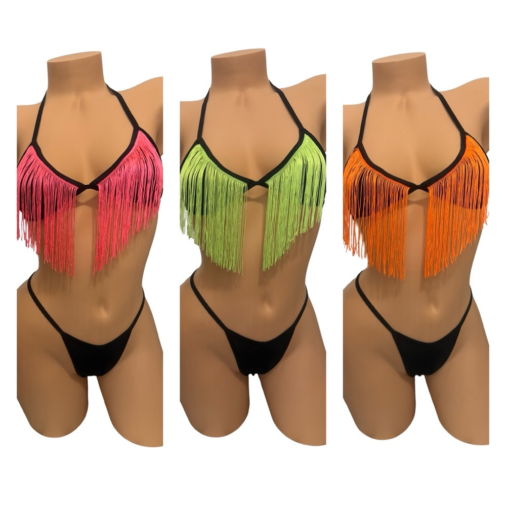 Fringe Halter thong Bikini Top in Neon Green, or Neon Orange